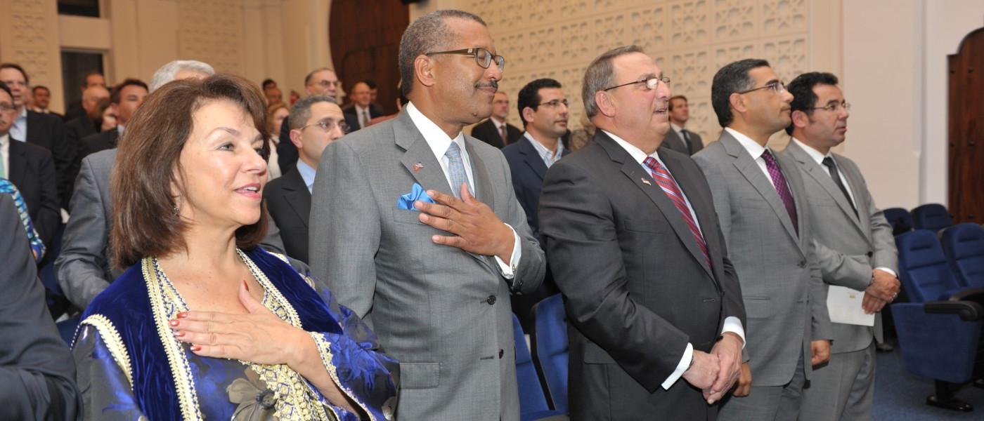 欧盟主席丹尼尔·里希说.S. 驻摩洛哥大使德怀特·L. 布什,老. 缅因州州长保罗·勒佩奇出席了开幕式